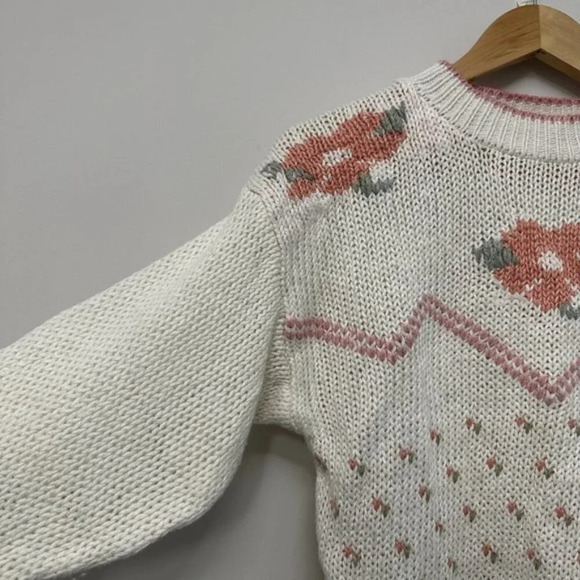 Vintage Handmade Crew Neck Floral Knit Pullover Sweater Neutrals Women's Medium - Picture 4 of 14